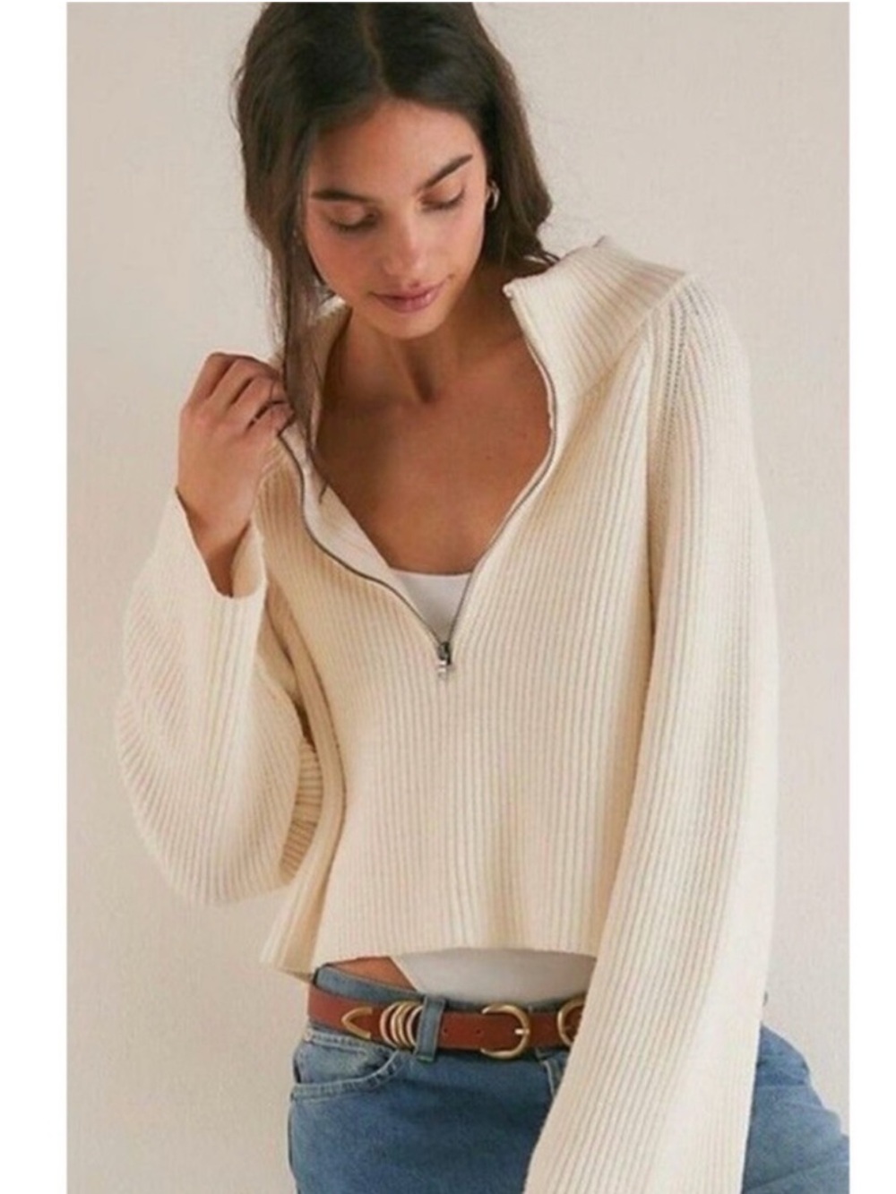 Free People Sugar Ivory Greta Half Zip Pullover Sweater Size XS NWOT